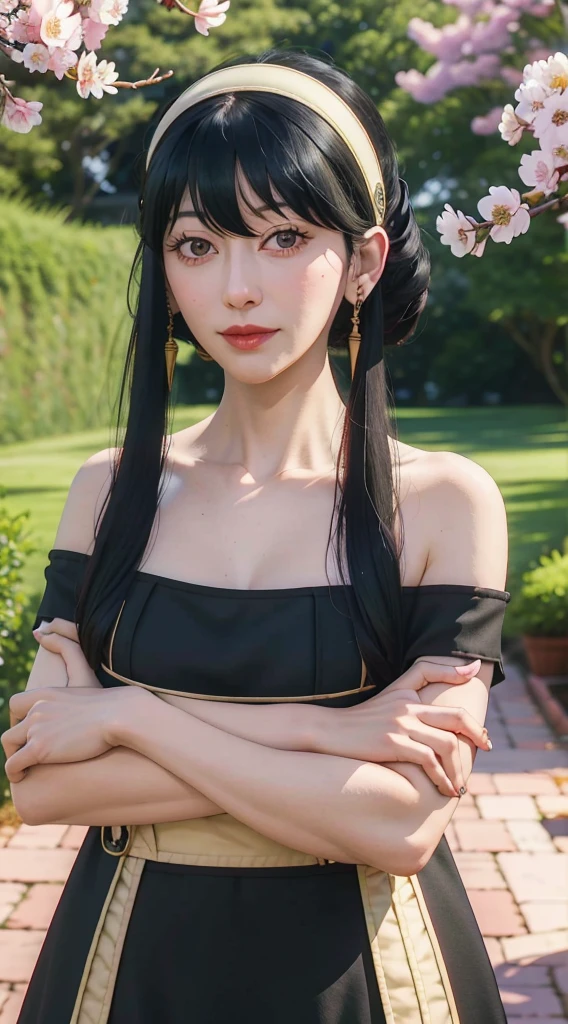 yor, Mature female, bangs, side locks, Red eyes, Black hair, hair adornments,sportrait, (face:1.2), schoolgirls, ssmile,bare shoulders, Black hair, cherry blossom, cleavage, (gown:1.21), clavicle, Willow Branch, (masterpiece best quality :1.2),