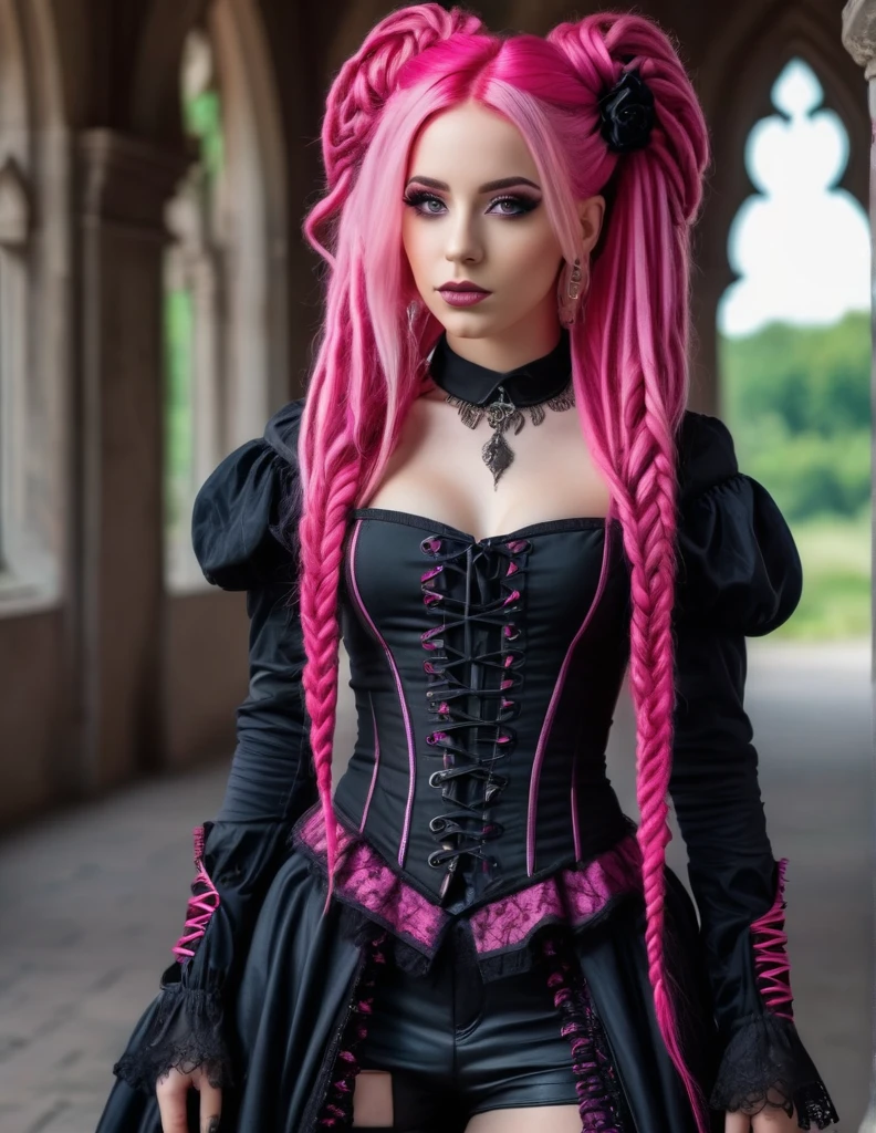 very attractive 25 year old girl with long bright pink hair, 1 woman in gothic outfit, female, full body, 25 years old, pretty face, ultra detailed face and eyes, hyperrealistic, realistic representation, hairstyle dreadlocks