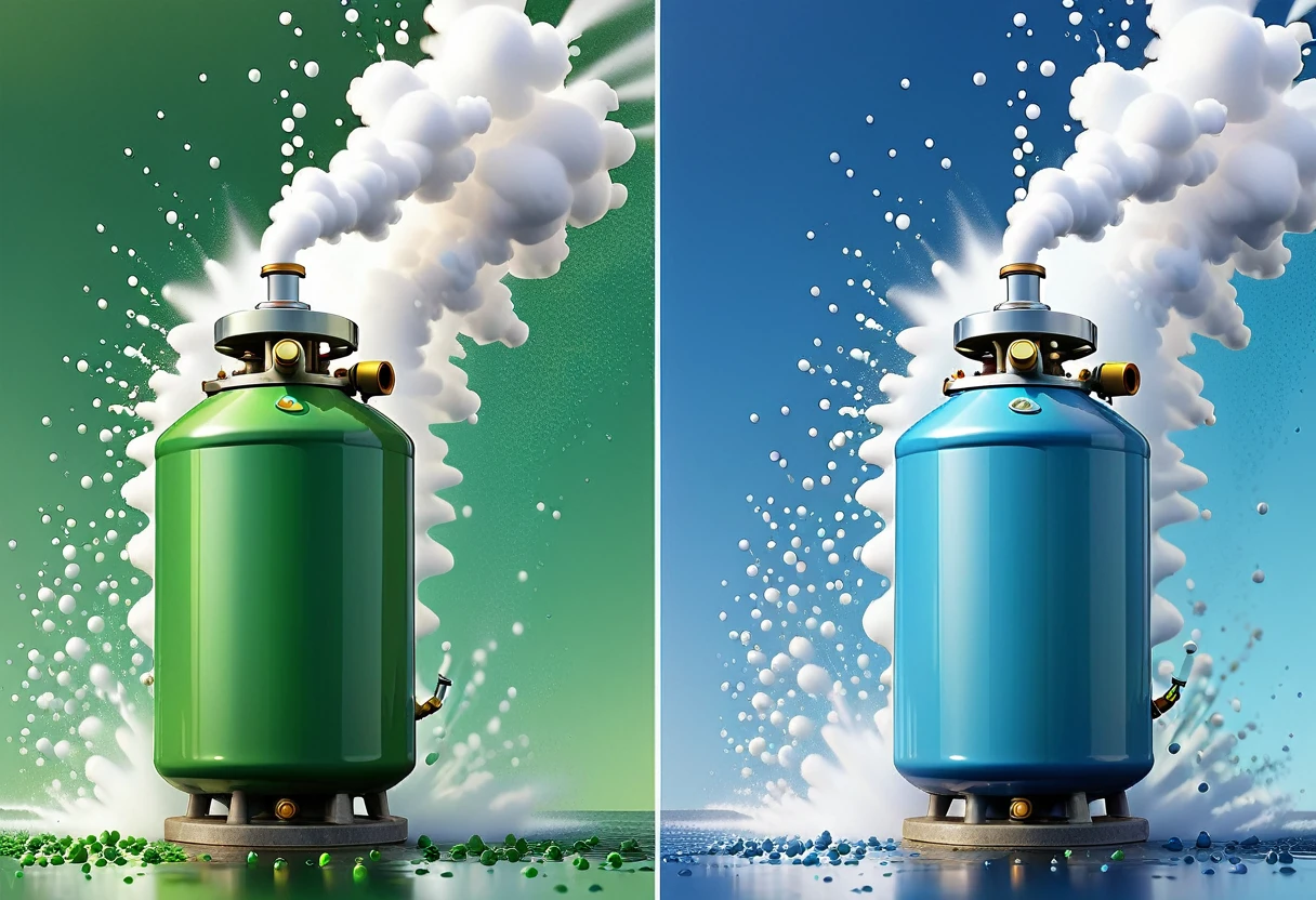 Split-screen illustration comparing fuel atomization and atomization.
Left side - fuel splashing:
Large drops of different sizes
Wider spray pattern
Outdoor or engine bay background
soft edges of drops.
Right side - fuel atomization:
small, uniform, transparent drops
focused spray pattern
Engine cylinder or combustion chamber background
Use a cool color palette with blues and greens. Style: Technical illustration with artistic flair.