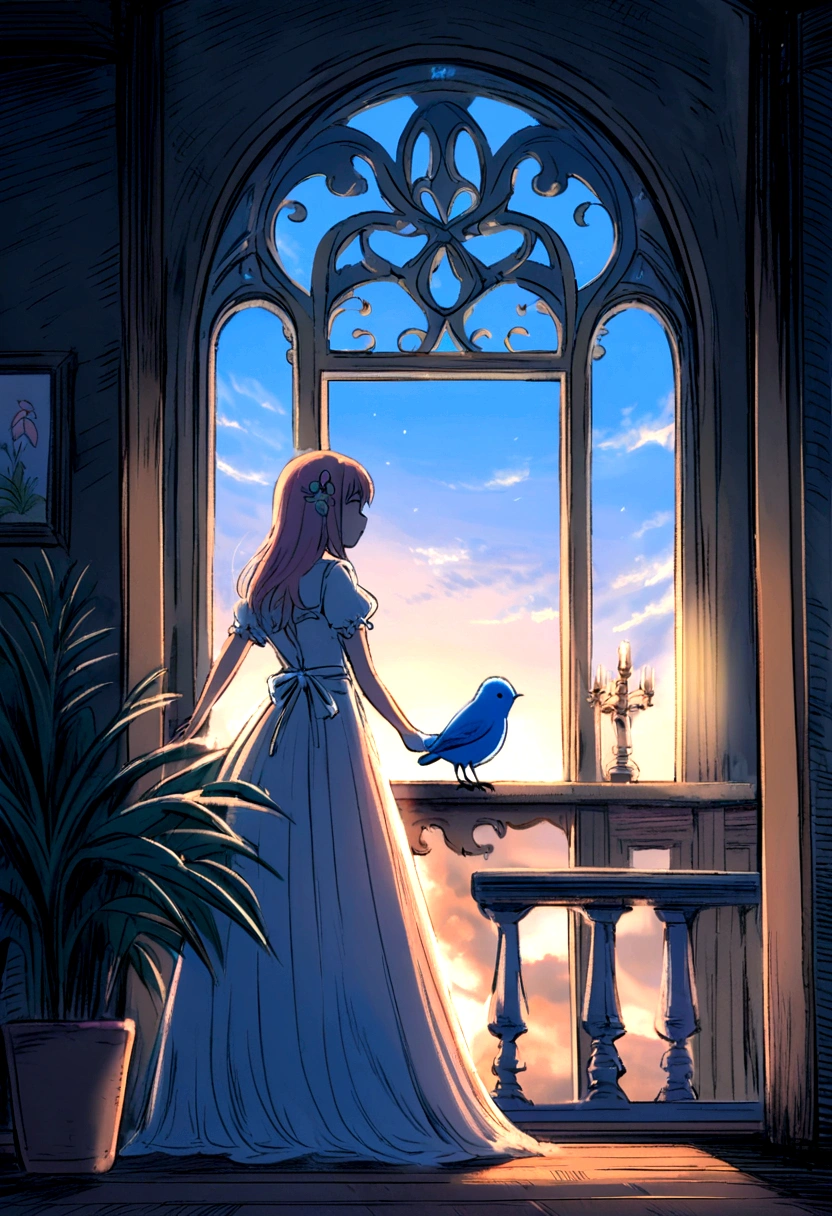 Mori no Cafe　A blue bird singing by the window　Fantasy　Picture books　Pastel drawing