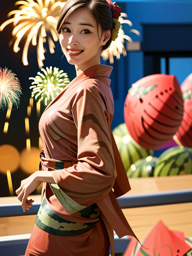 (fireworks), 1girl,(matsuri) (((Watermelon patterned yukata))), , (absurdres, highres, masterpiece), (night), vibrant colors, fluid colors, fine detailed beautiful face, ultra detailed, cowboy shot