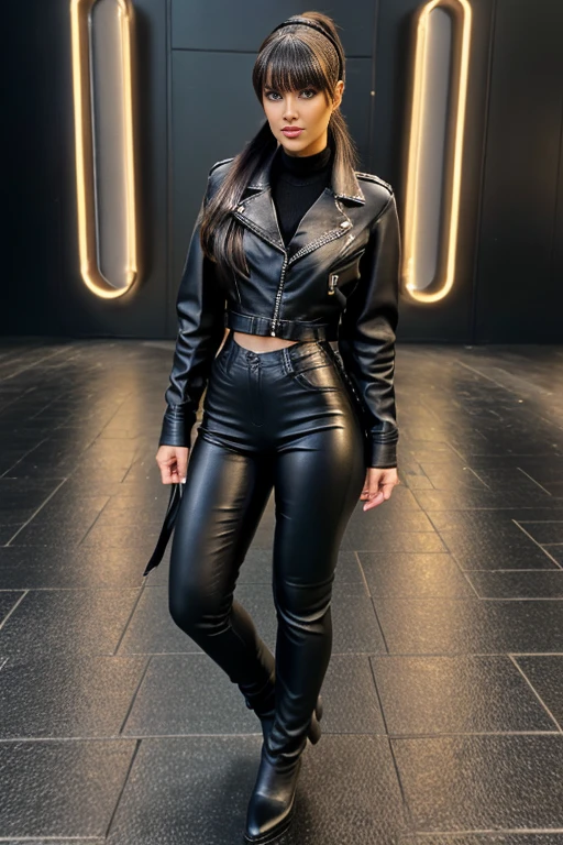 Realism, a 25 - year - old girl, dark hair, a ponytail on her head, bangs falling, face, beautiful hairstyle, light makeup, dressed in a leather jacket, dressed in leather pant, beautiful shoes --ar 2:3 50 --style raw --s 2