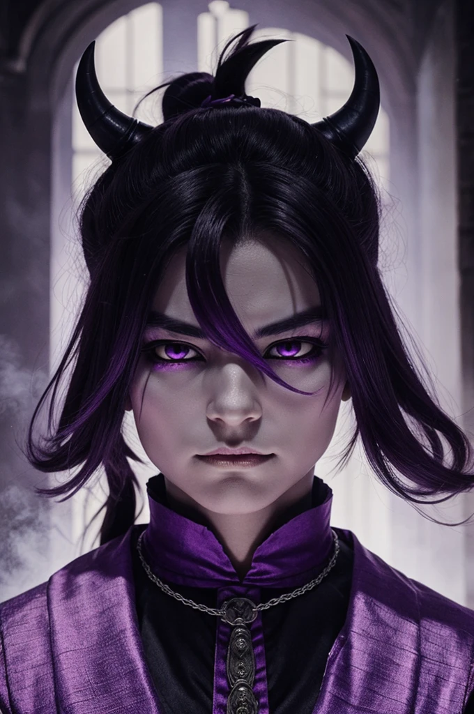 Create a 500 yr old ghost demon with purple eyes make it look like muzan