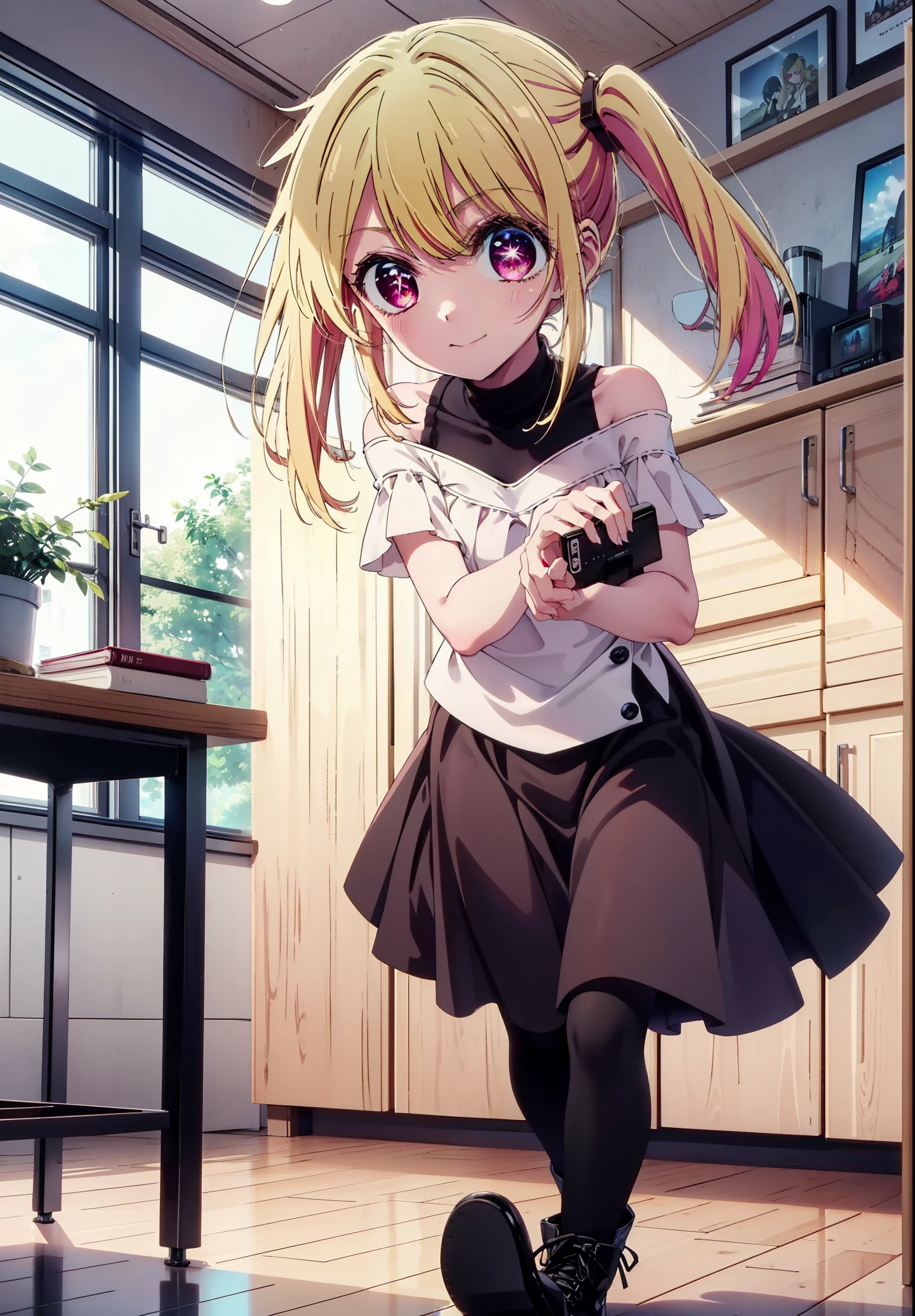 rubyhoshino, Hoshino Ruby, Long Hair, bangs, Blonde, (Pink Eyes:1.3), (Symbol-shaped pupil:1.5), Multicolored Hair, Two-tone hair, happy smile, smile, Close your mouth,
break, Cold Shoulder Shirt,Short sleeve,Long skirt,Black pantyhose,short boots,There is a computer on the table,Walking,interior,whole bodyがイラストに入るように,Daytime,Clear skies,
break indoors, office,
break looking at viewer, whole body,
break (masterpiece:1.2), Highest quality, High resolution, unity 8k wallpaper, (figure:0.8), (Beautiful attention to detail:1.6), Highly detailed face, Perfect lighting, Highly detailed CG, (Perfect hands, Perfect Anatomy),