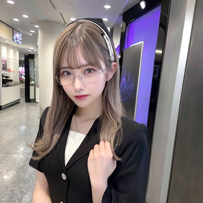 whole body (8K, RAW Photos, Highest quality, masterpiece:1.2), (Realistic, photo-Realistic:1.37),(Sharp focus:1.2), Professional Lighting, Photon Mapping, Radio City, Physically Based Rendering, (Pale skin:1.2),(Small breasts:1.2), View your viewers, (Mid-length hair:1.5), Portraiture, Purple eyes, (Silver Hair:1.1),bangs, (Simple Background:1.4), alone, Upper Body, Realistic,(masterpiece:1.4),(Highest quality:1.4),(Shiny skin),Fashionable Girl,compensate,smile(skinny,Mouth closed,shy :1.3) ,(Are standing,Black stewardess uniform,Necromancer:1.1),Wearing glasses with thin frames,necklace,hatを被っている,hat,バケットhat,Selfie,鏡に向かってSelfie,selfy,鏡の前でSelfie,