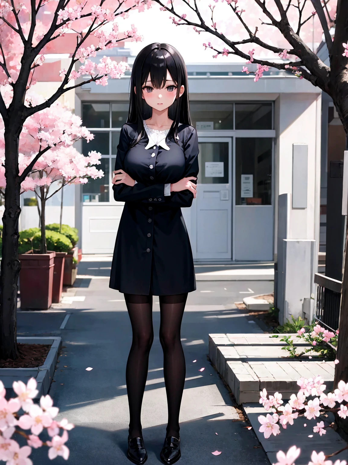 (high resolution)1girl、(One girl)、Cherry Blossom Park、Standing with arms folded behind back、Sister with long black hair、Black Stockings、Office Casual