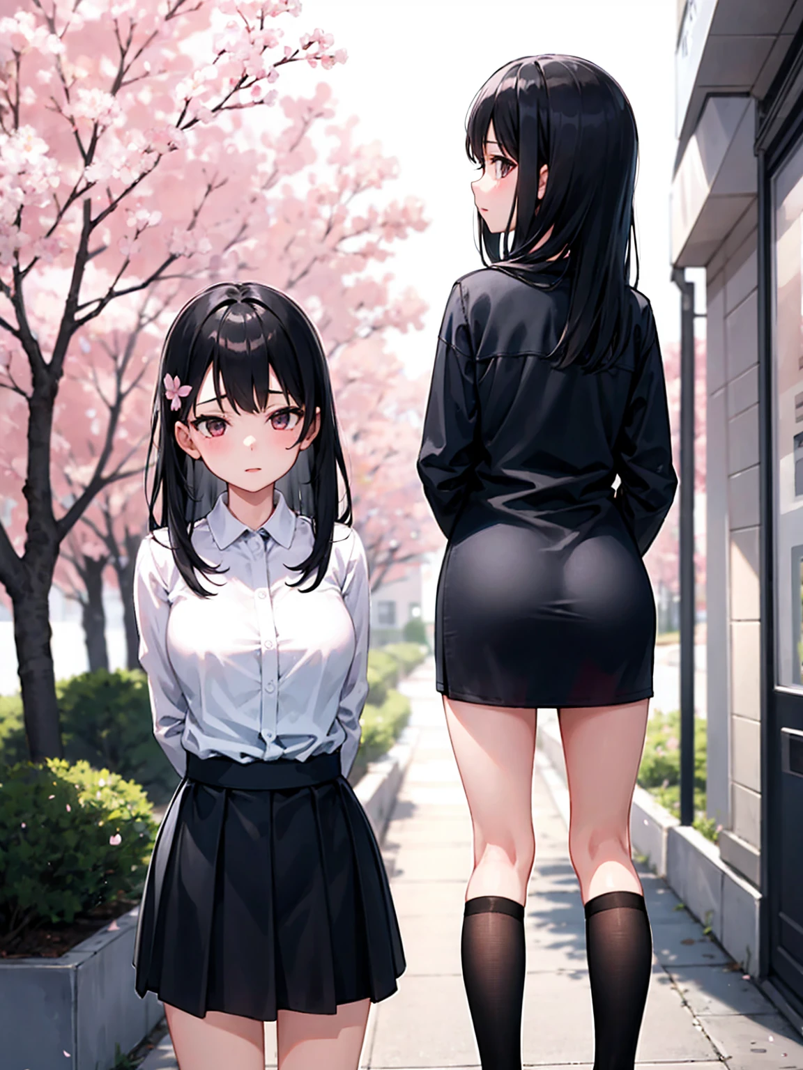 (high resolution)1girl、(One girl)、Cherry Blossom Park、Standing with arms folded behind back、Sister with long black hair、Black Stockings、Office Casual