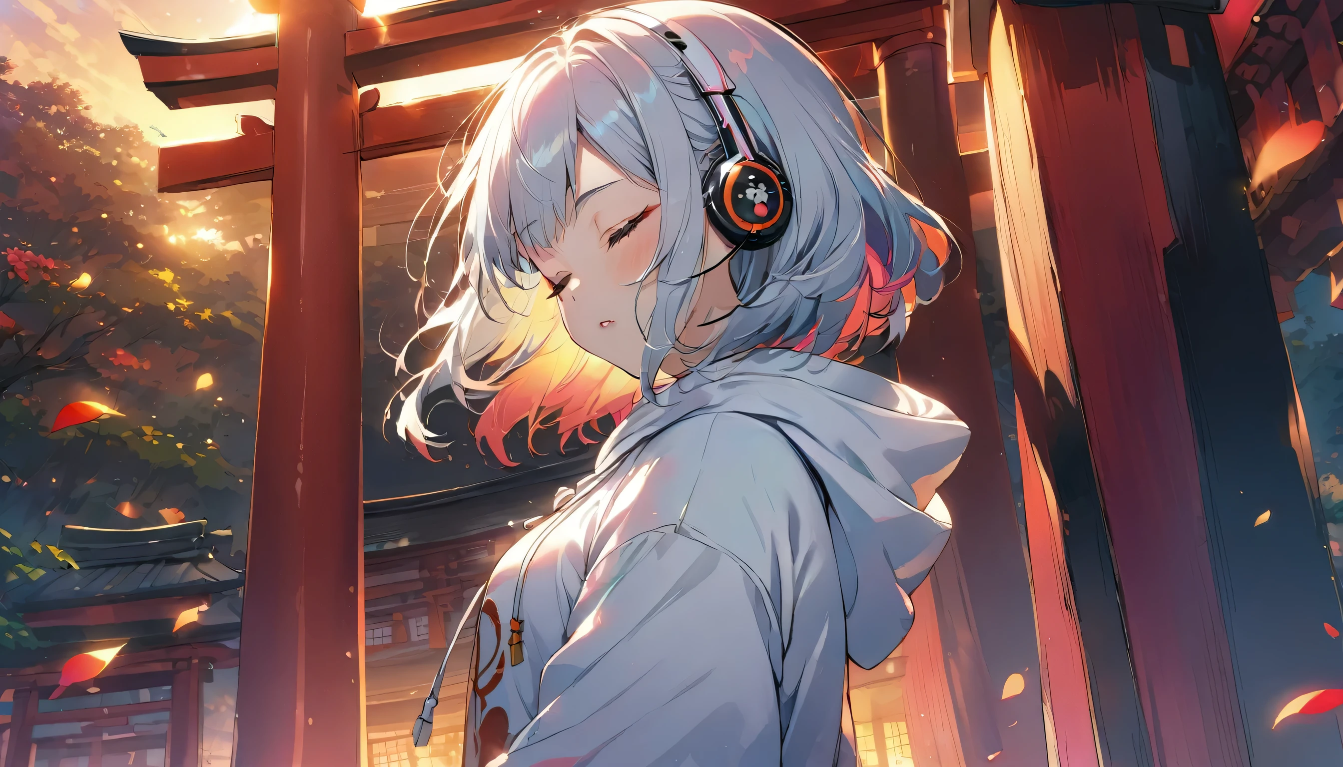 ((Masterpiece)), ((best quality)), (Anime:1.3), (super detail:1.2), (High Definition:1.3), (Professional Photography:1.3), cute young Girl, (pray hands:1.5), (Look down:1.3), (closed eyes:2), (Her not looking at camera), Glossy unruly hair, (loose swept bangs), (silver ash hair), medium hair, big eyes, (Eye bags:1.3), (Long eyelashes), colorful eyes, (frown), Glossy lips, (jagged teeth), ((white hoodie with oversized)), barearms, cute, (colorful:1.3), gothic makeup, Early morning, (standing:1.3), (at Shinto Shrine), colorful petals dance around her, beautiful sunset, wearing headphones, (from side),