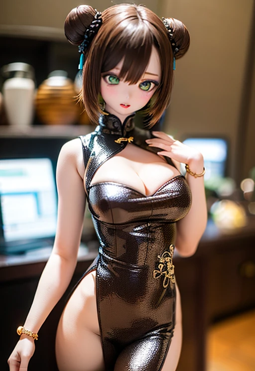(SFW:2), photorealistic, realistic photo, 8k, ((highest quality)), ((masterpiece)), (extremely detailed), kukolnydom, doll, (mature woman:1.6), solo, ((cowboy shot, parted lips, green eyes, brown hair)), double buns, (plastic skin, looking at another, glass eyes, gradient eyes, shining eyes, detailed eyes, detailed face:1.3), china dress, qipao, chinese room