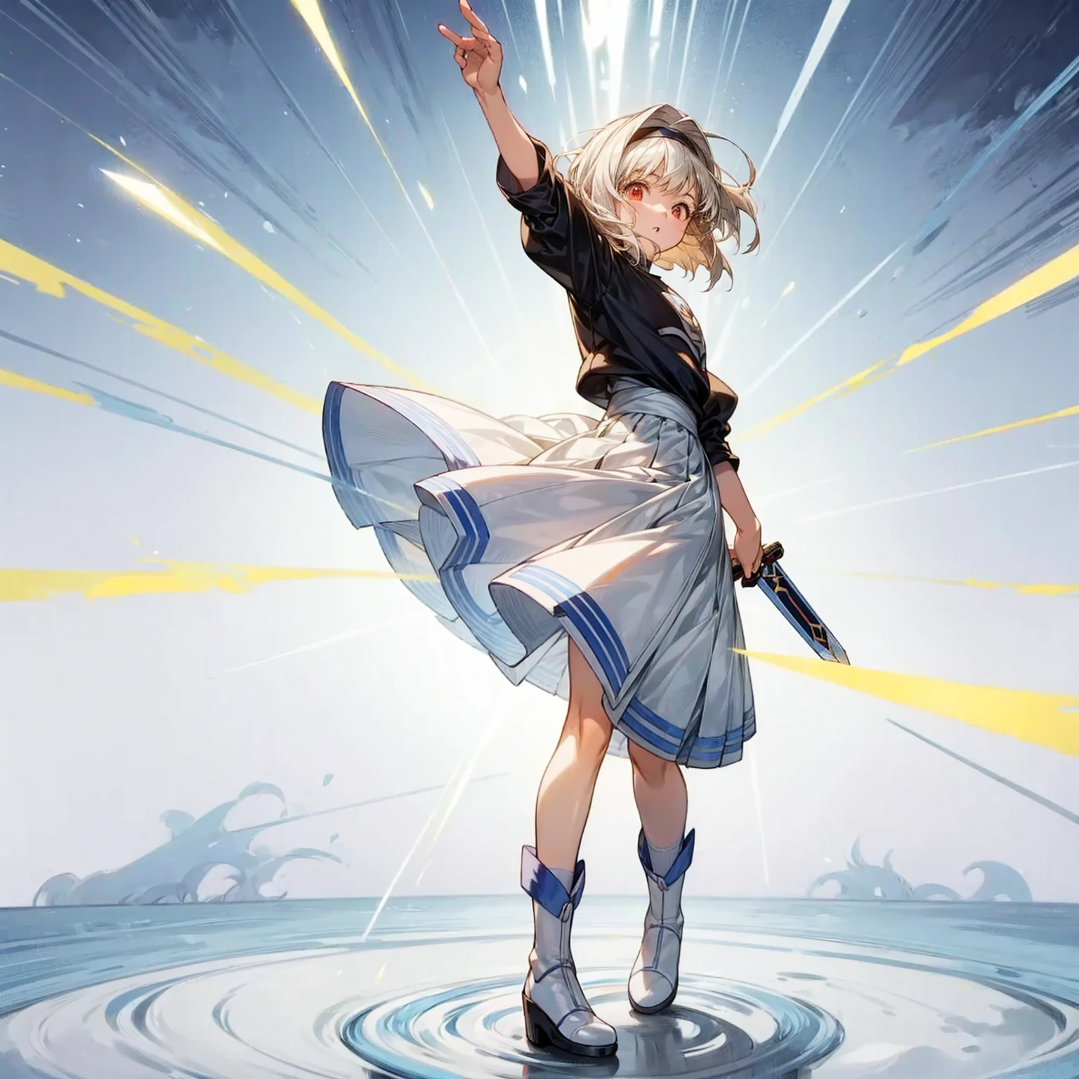 1childern girl, Full body version, 1character, just children version, light red eyes color, short hairstyle, white colour hair, saber style clothing, Long skirt, long socks, long boots, knife in hand, full background, Grassroots background in village, motion blur, shadow, standing gesture, (captain Tsubasa style art)