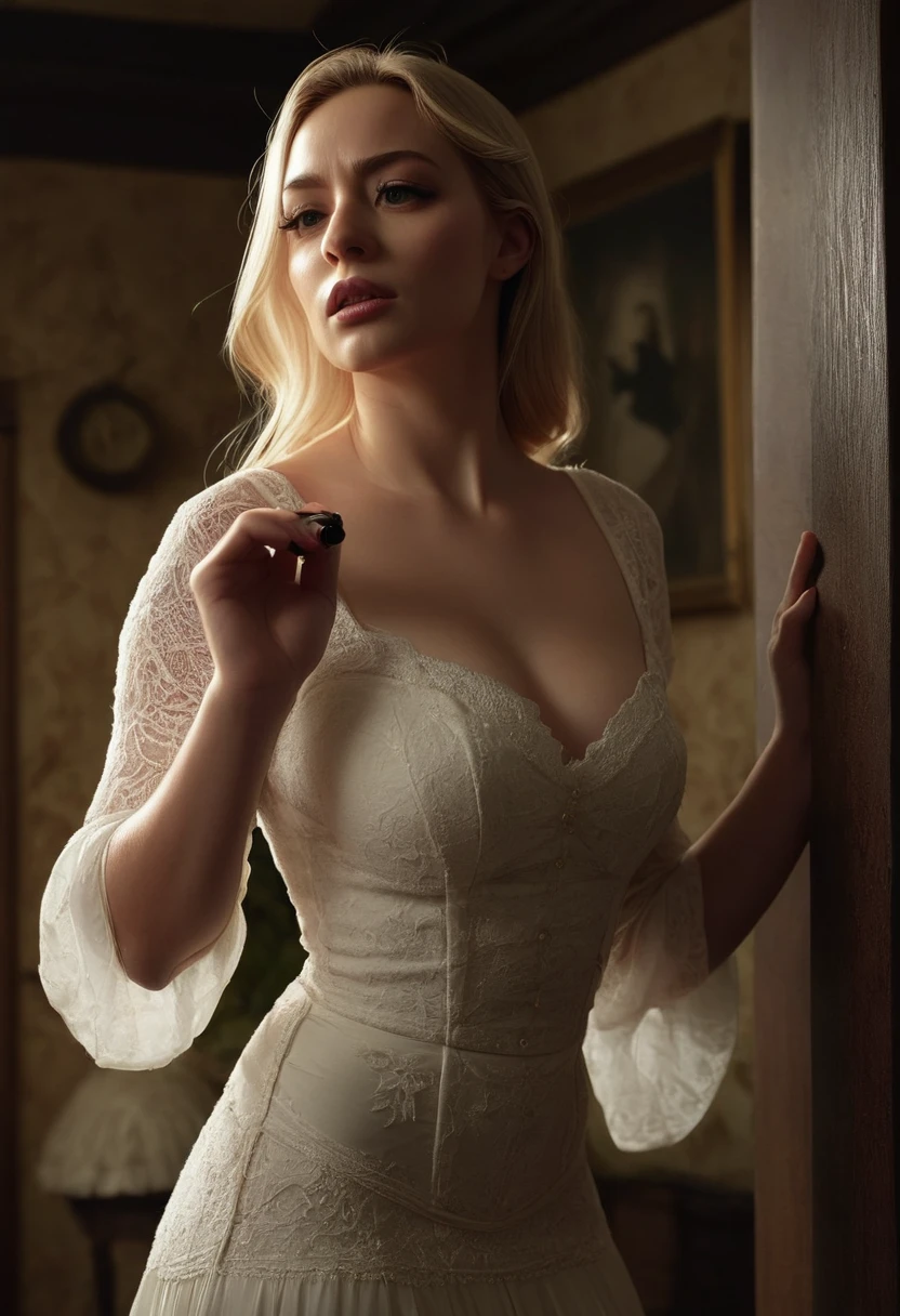 a beautiful blonde haired girl in a wedding dress, holding a hatchet, in an old attic of the haunted mansion, (best quality,4k,8k,highres,masterpiece:1.2),ultra-detailed,(realistic,photorealistic,photo-realistic:1.37),extremely detailed face and eyes, flawless skin, dramatic lighting, moody atmosphere, dark shadows, ornate victorian decor, cobwebs, chiaroscuro lighting, cinematic composition, horror, gothic, dark fantasy