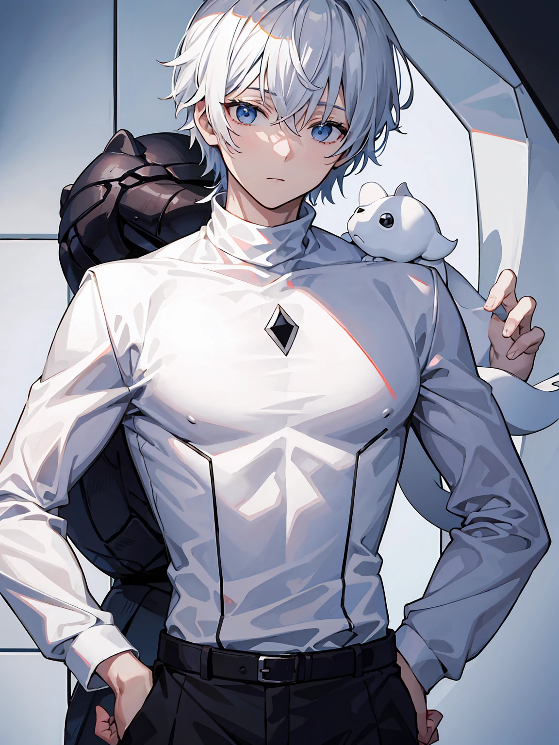 White suit、male、whole body、Black turtleneck