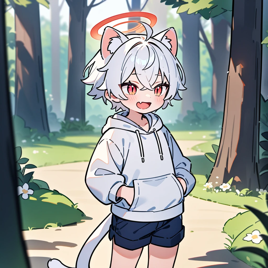 （masterpiece：1.2，high quality），8K，High resolution，A seven-year-old boy，cute boy，white hair，short hair，crossed bangs，red eyes，slit pupils， ahoge，cat ears，laughing，skin fang，red halo，Wearing a white hoodie，Dark blue shorts，Stand in the forest，There are flowering trees on both sides.，primary school student，thigh，alone，cat tail，（Put your hands in your pockets），（（Put your hands in your pockets））
