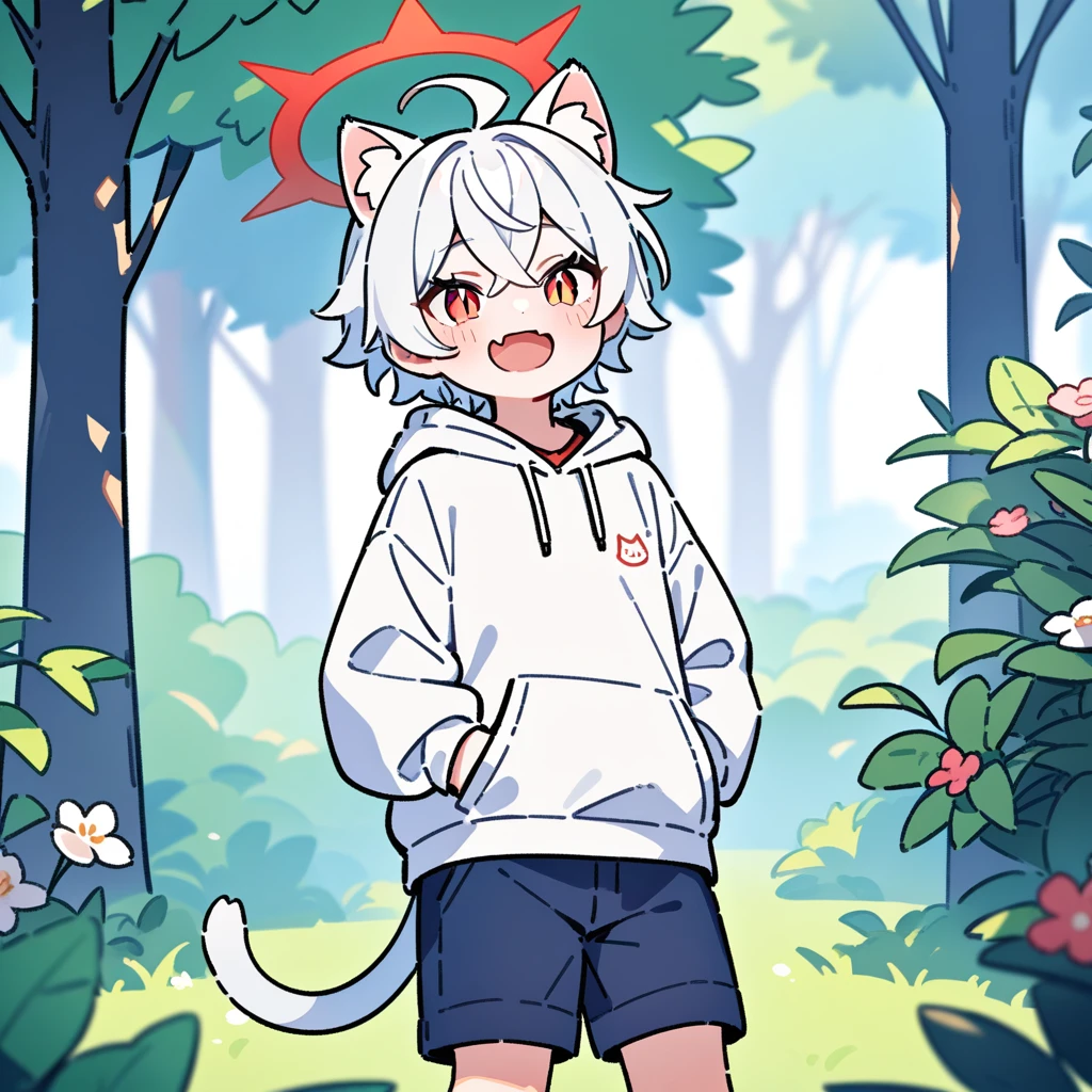 (masterpiece:1.2,high quality),8K,High resolution,A seven-year-old boy,cute boy,white hair,short hair,crossed bangs,red eyes,slit pupils, ahoge,cat ears,laughing,skin fang,red halo,Wearing a white hoodie,Dark blue shorts,Stand in the forest,There are flowering trees on both sides.,primary school student,thigh,alone,cat tail,(Put your hands in your pockets),((Put your hands in your pockets))