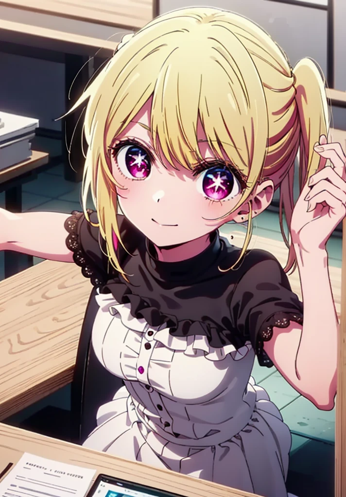 rubyhoshino, Hoshino Ruby, Long Hair, bangs, Blonde, (Pink Eyes:1.3), (Symbol-shaped pupil:1.5), Multicolored Hair, Two-tone hair, happy smile, smile, Close your mouth,
break, Cold Shoulder Shirt,Short sleeve,Long skirt,Black pantyhose,short boots,There is a computer on the table,Walking,interior,whole bodyがイラストに入るように,Daytime,Clear skies,
break indoors, office,
break looking at viewer, whole body,
break (masterpiece:1.2), Highest quality, High resolution, unity 8k wallpaper, (figure:0.8), (Beautiful attention to detail:1.6), Highly detailed face, Perfect lighting, Highly detailed CG, (Perfect hands, Perfect Anatomy),