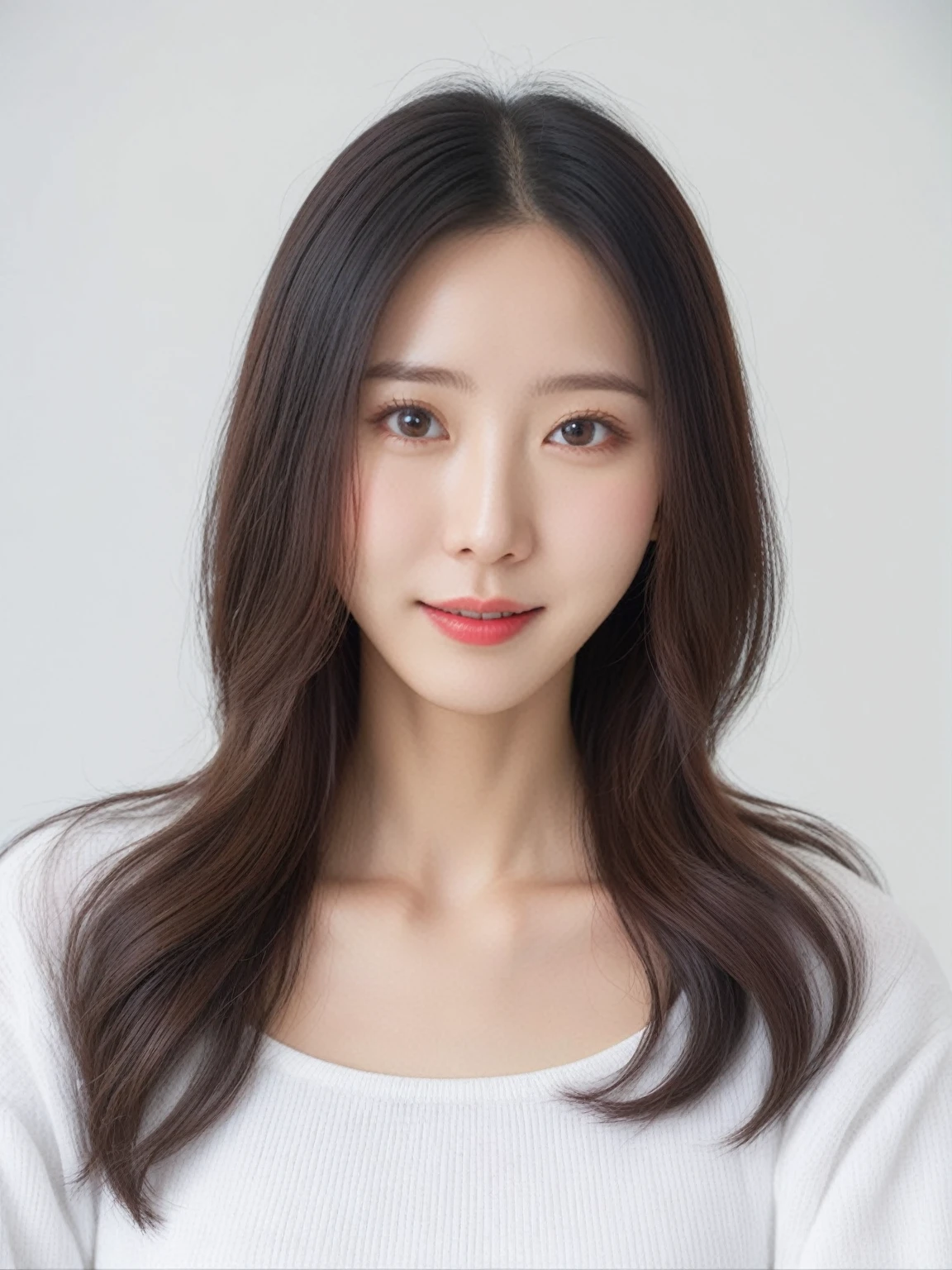 Best Quality, 8k, Masterpiece, (Portrait: 1.3), (photo realistic:1.4), (hyper realistic:1.4), Sharp Focus, looking at viewer, (smoother lighting:1.1), (increase cinematic lighting quality:0.9), realistic lighting, backlighting, light on face, ray trace, (brightening light:1.2), (Increase quality:1.4), sharp detail, (best quality real texture skin:1.4), finely detailed eyes, black_eyes, finely detailed face, 25 year old Korean woman,smiling_face