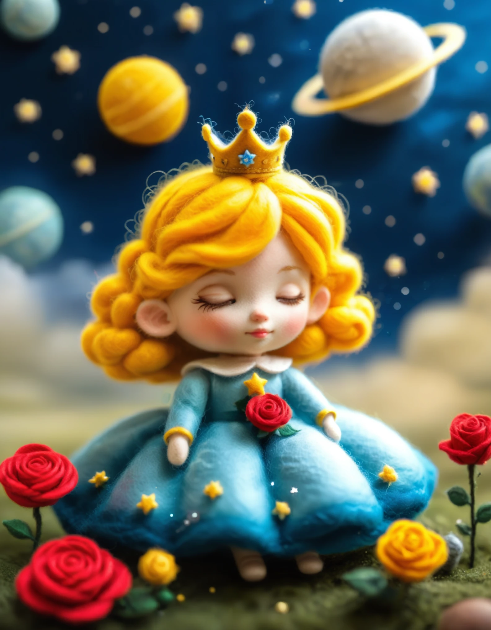 Felt world,felt style,Felt-World\(style\),A  from a fairy tale,with yellow hair,a crown,a gorgeous dress,holding a rose,a rose field on the moon,planets,loneliness,sparkling starry sky,wool felt,handcrafted,artistic,3D,realistic details,,