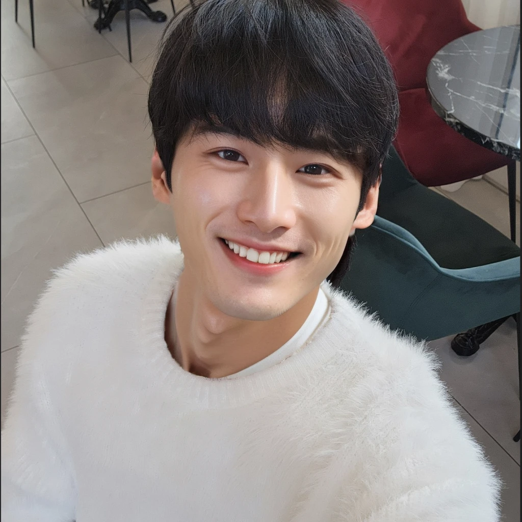 Best Quality, 8k, Masterpiece, (Portrait: 1.3), (photo realistic:1.4), (hyper realistic:1.4), Sharp Focus, looking at viewer, (smoother lighting:1.1), (increase cinematic lighting quality:0.9), realistic lighting, backlighting, light on face, ray trace, (brightening light:1.2), (Increase quality:1.4), sharp detail, (best quality real texture skin:1.4), finely detailed eyes, black_eyes, finely detailed face, 25 year old Korean man, smiling face