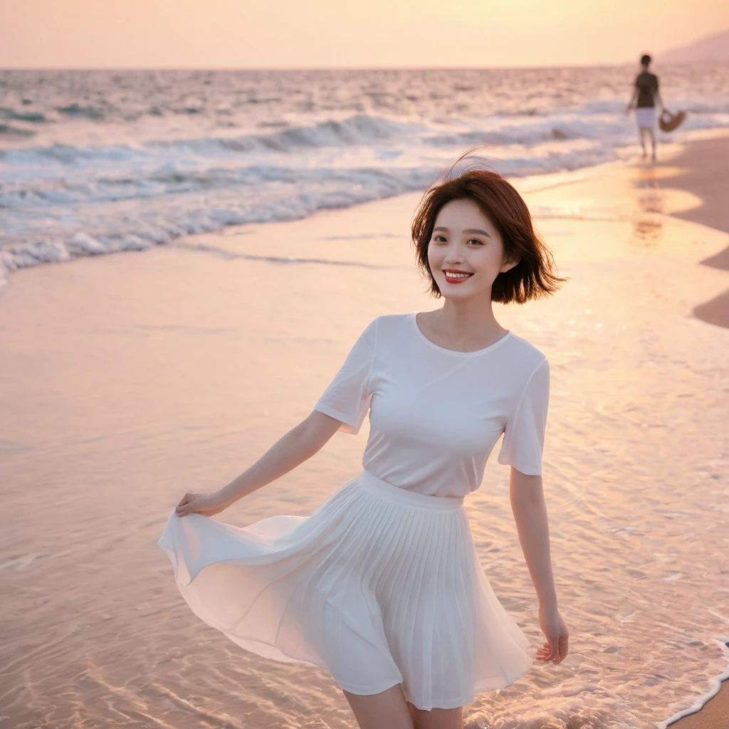 The soft red light of the beach at sunset,There is a subtle lingering feeling., Beautiful 36-year-old short Korean woman, Chest size 34 inches, Wear white short sleeves and sleeveless tops, lightweight mid length skirt. beautiful pretty woman look , wearing a light skirt , Go far into the sea water and dip your toes., Short medium hair blowing in the wind, 1 woman, beautiful eyes, Smiling, Full-body photo taken from afar with a wide-angle lens, The background is clean and perfect., the waves are coming, short woman