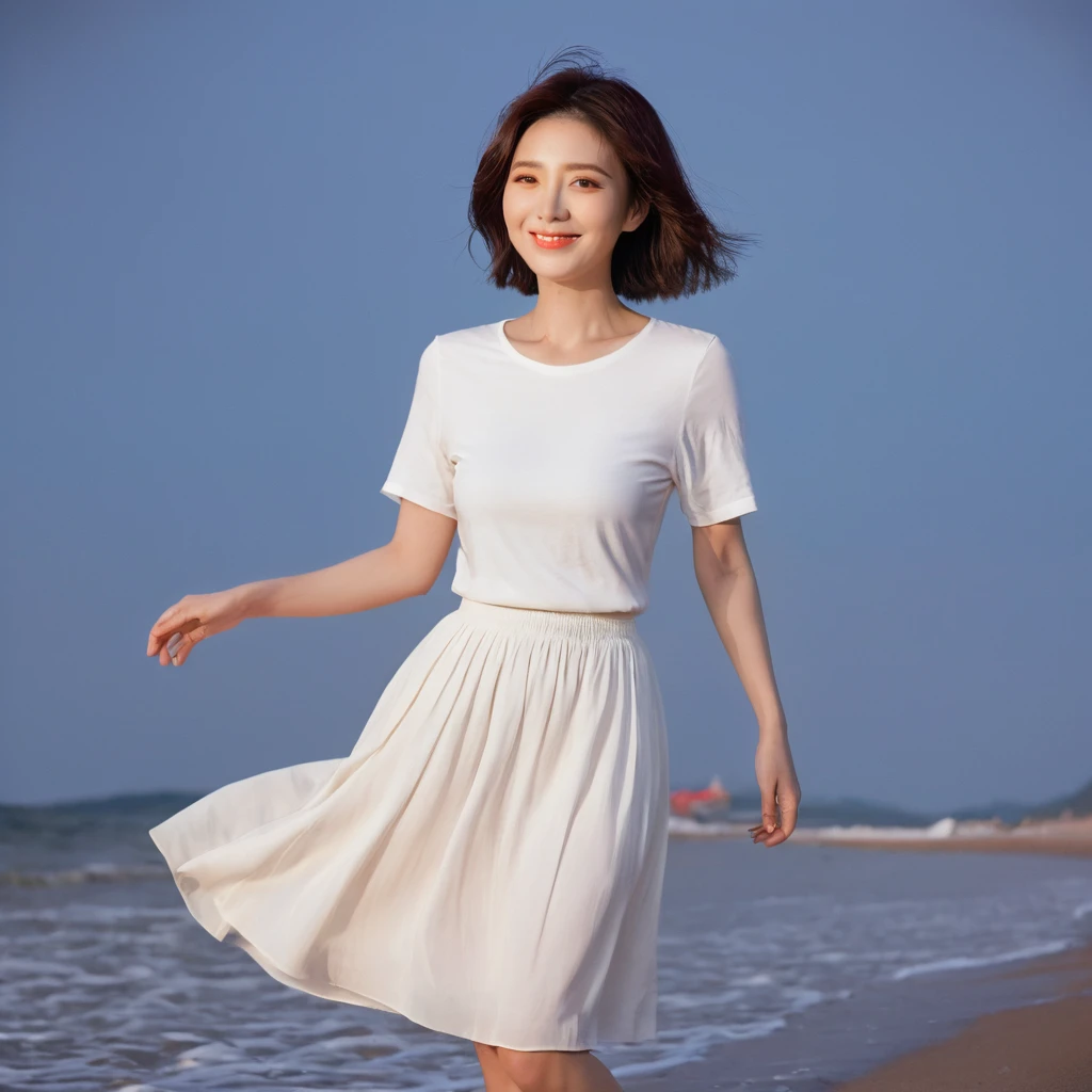 The soft red light of the beach at sunset,There is a subtle lingering feeling., Beautiful 36-year-old short Korean woman, Chest size 34 inches, Wear white short sleeves and sleeveless tops, lightweight mid length skirt. beautiful pretty woman look , wearing a light skirt , Go far into the sea water and dip your toes., Short medium hair blowing in the wind, 1 woman, beautiful eyes, Smiling, Full-body photo taken from afar with a wide-angle lens, The background is clean and perfect., the waves are coming, short woman
