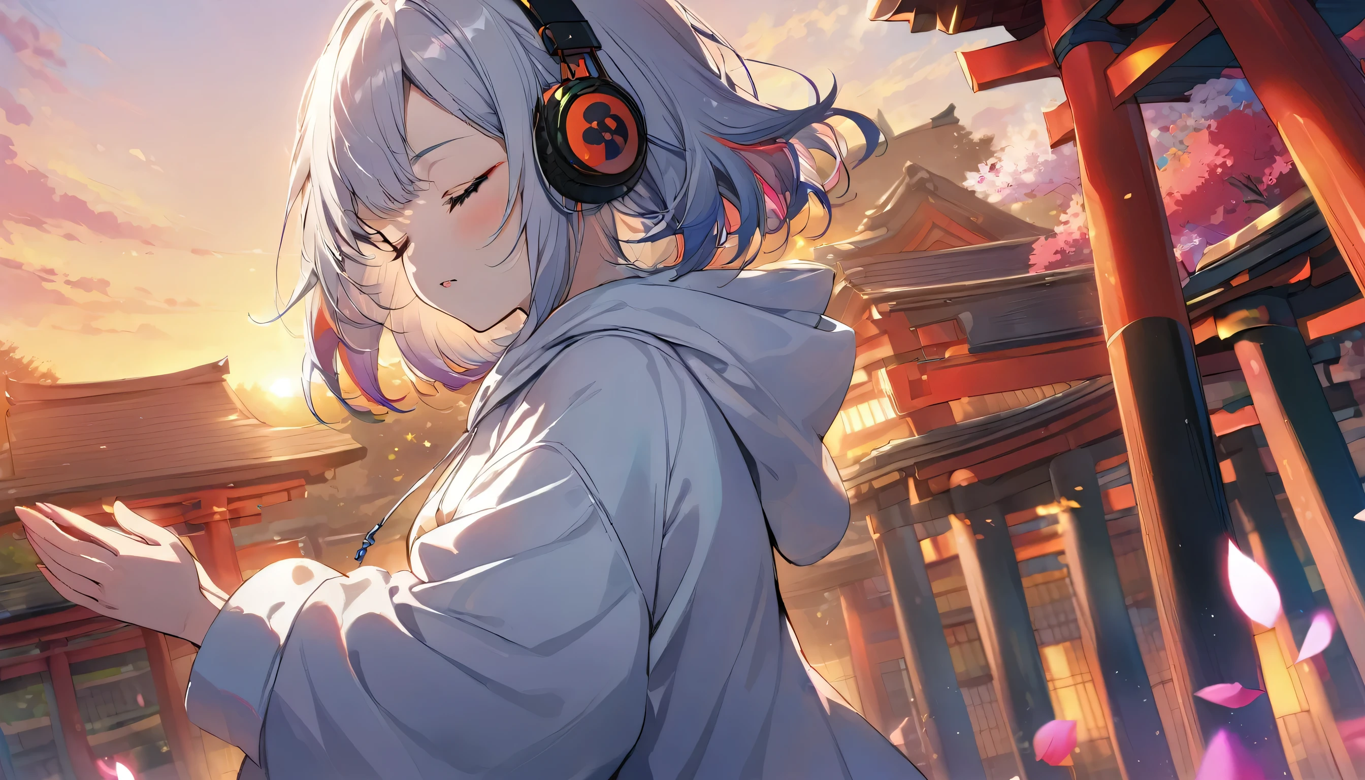 ((Masterpiece)), ((best quality)), (Anime:1.3), (super detail:1.2), (High Definition:1.3), (Professional Photography:1.3), cute young Girl, (pray hands:1.5), (Look down:1.3), (closed eyes:2), (Her not looking at camera), Glossy unruly hair, (loose swept bangs), (silver ash hair), medium hair, big eyes, (Eye bags:1.3), (Long eyelashes), colorful eyes, (frown), Glossy lips, (jagged teeth), ((white hoodie with oversized)), barearms, cute, (colorful:1.3), gothic makeup, Early morning, (standing), (at Shinto Shrine), colorful petals dance around her, beautiful sunset, wearing headphones, (from side),