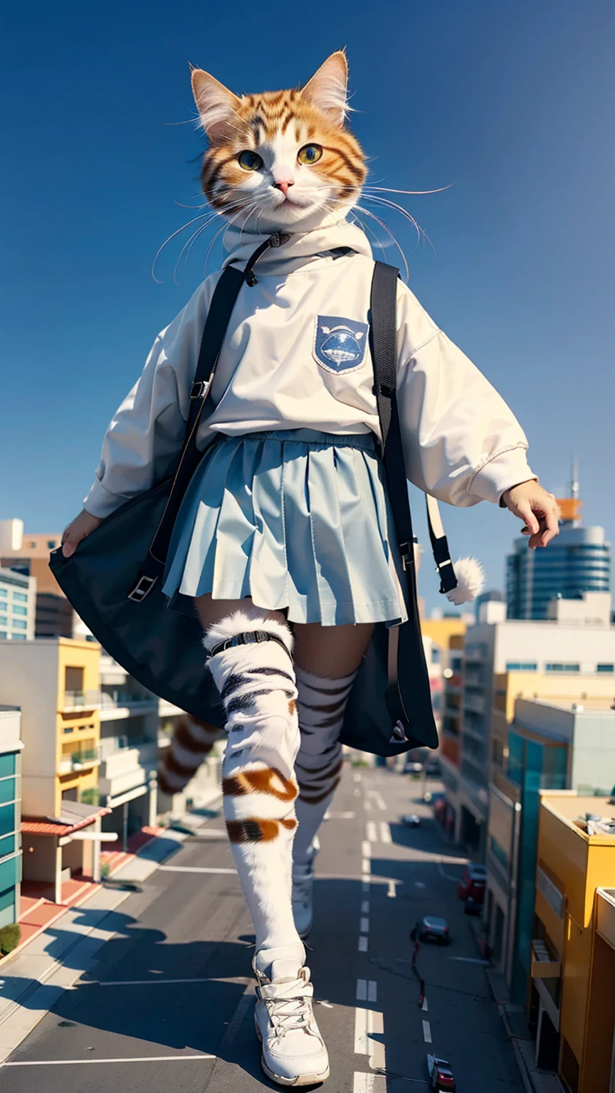 (Best Quality, Masterpiece:1.2), Pressure, 1 High School Girl, Cat Face, Super Titan, Building Sheet, Shrinking the City, Depth of Field, High Resolution, Ultra HD, 8k, Highly Detailed, Reality target, sunlight, pleated skirt, aerial perspective, blue sky