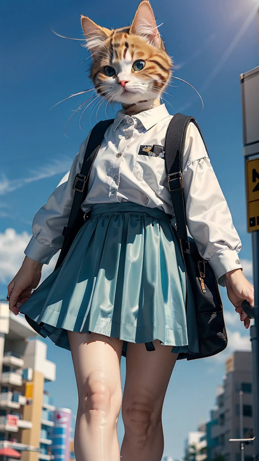 (Best Quality, Masterpiece:1.2), Pressure, 1 High School Girl, Cat Face, Super Titan, Building Sheet, Shrinking the City, Depth of Field, High Resolution, Ultra HD, 8k, Highly Detailed, Reality target, sunlight, pleated skirt, aerial perspective, blue sky