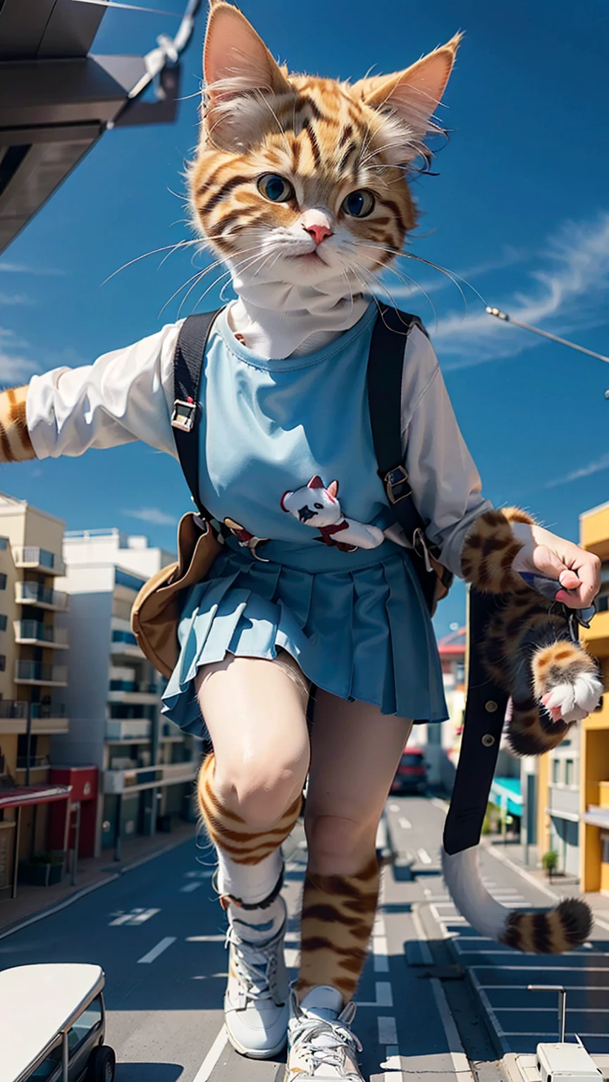 (Best Quality, Masterpiece:1.2), Pressure, 1 High School Girl, Cat Face, Super Titan, Building Sheet, Shrinking the City, Depth of Field, High Resolution, Ultra HD, 8k, Highly Detailed, Reality target, sunlight, pleated skirt, aerial perspective, blue sky