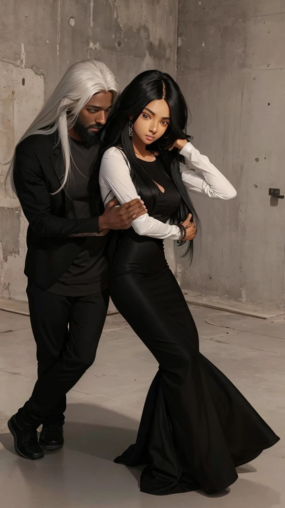 A dark-skinned man with long white hair, with beard, with a set of black clothes, behind a girl. A beautiful girl with black straight hair dress, being hugged from behind.