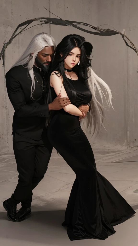 A dark-skinned man with long white hair, with beard, with a set of black clothes, behind a girl. A beautiful girl with black straight hair dress, being hugged from behind.