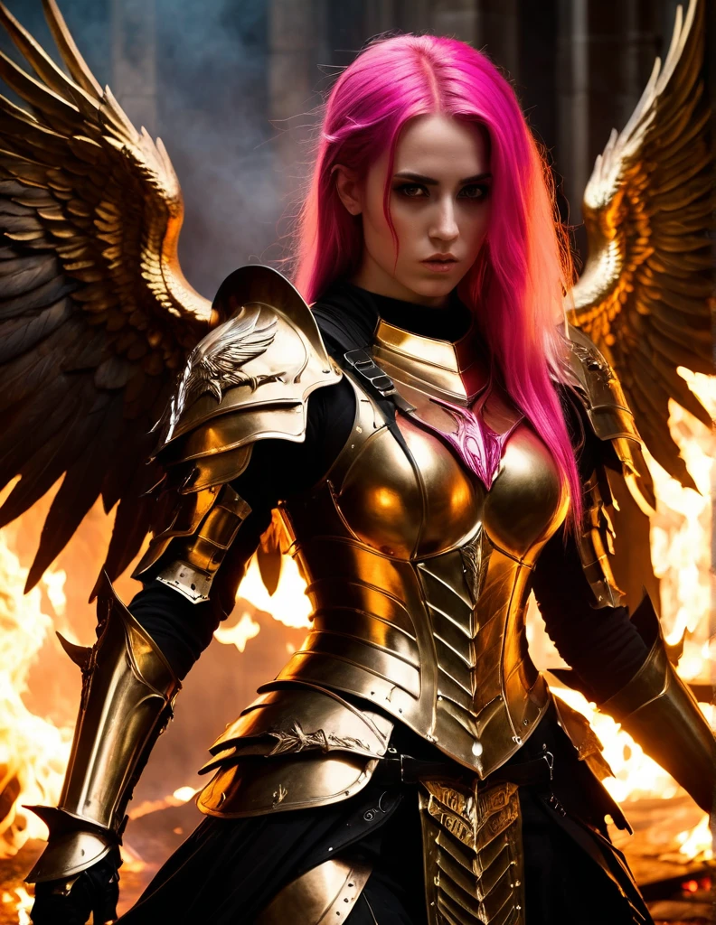 very attractive 25 year old girl with long bright pink hair,, eerie, stygical, gloomy, decay, epic female warrior on fire ablaze in black and gold armor with angel wings, horror christian cathedral, nighttime, dungeons and dragons,