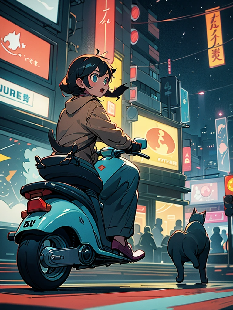 a girl rushes on a scooter through the city at night, deftly maneuvering between passers-by.  Bag with a cat, bouncing.  The lights of the night city flicker around: car headlights, shop windows,