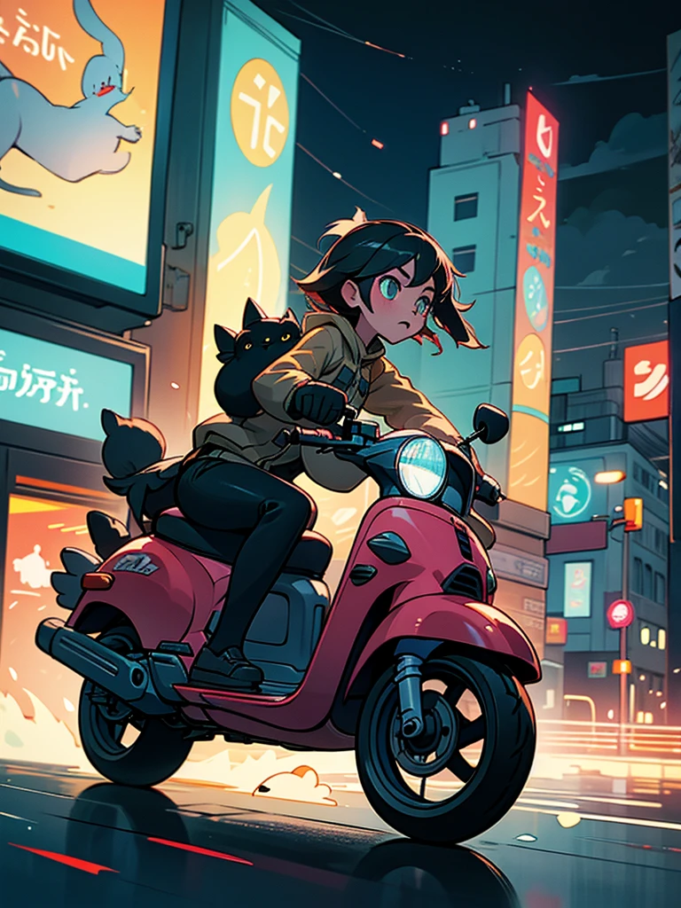 a girl rushes on a scooter through the city at night, deftly maneuvering between passers-by.  Bag with a cat, bouncing.  The lights of the night city flicker around: car headlights, shop windows,