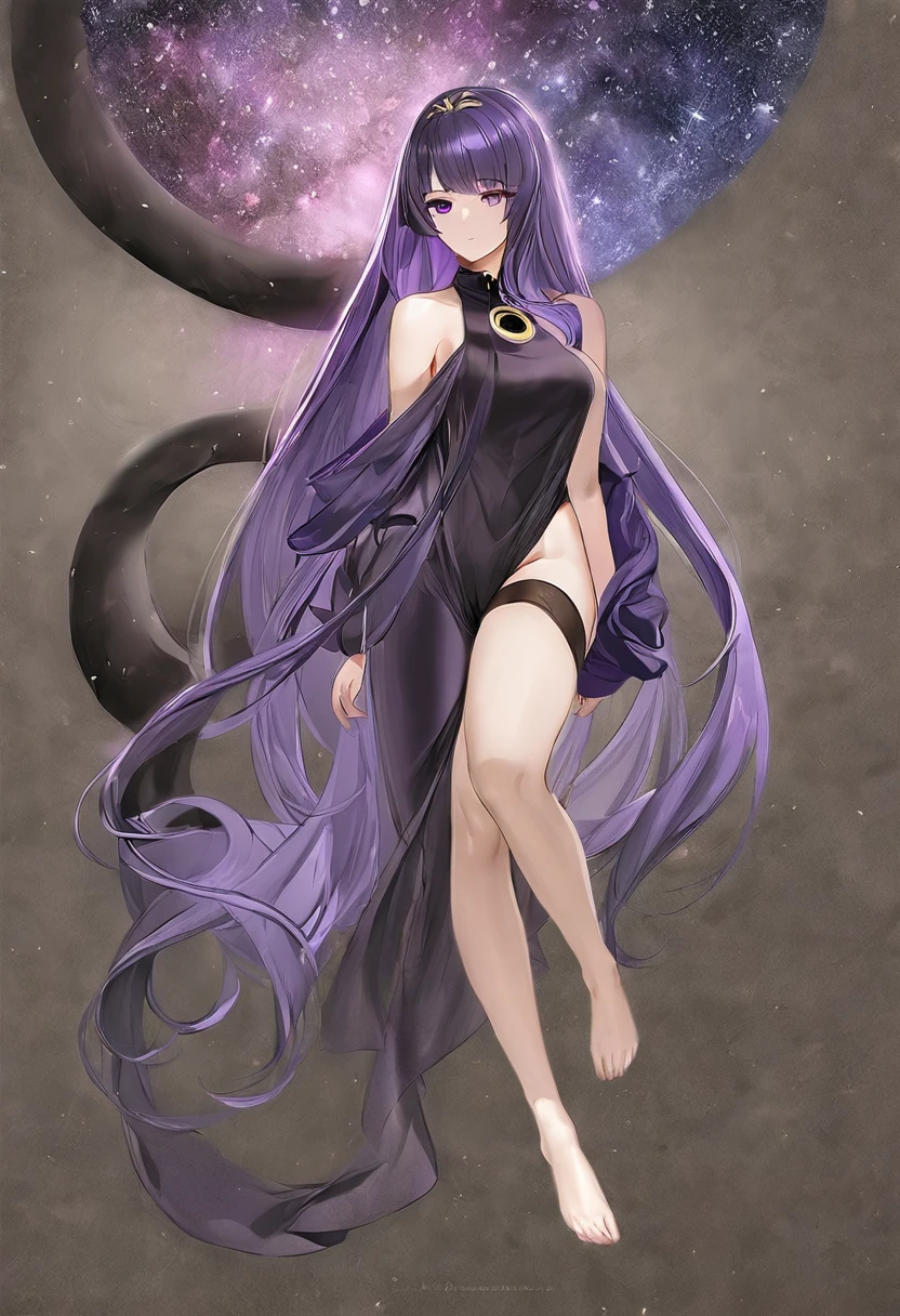 Athena,Extra long purple hair,Purple Eyes,Wearing black silk,Purple long skirt,Black long skirt,But the long skirt is very sexy and revealing,barefoot,A black hole in the universe,Purple and black black hole