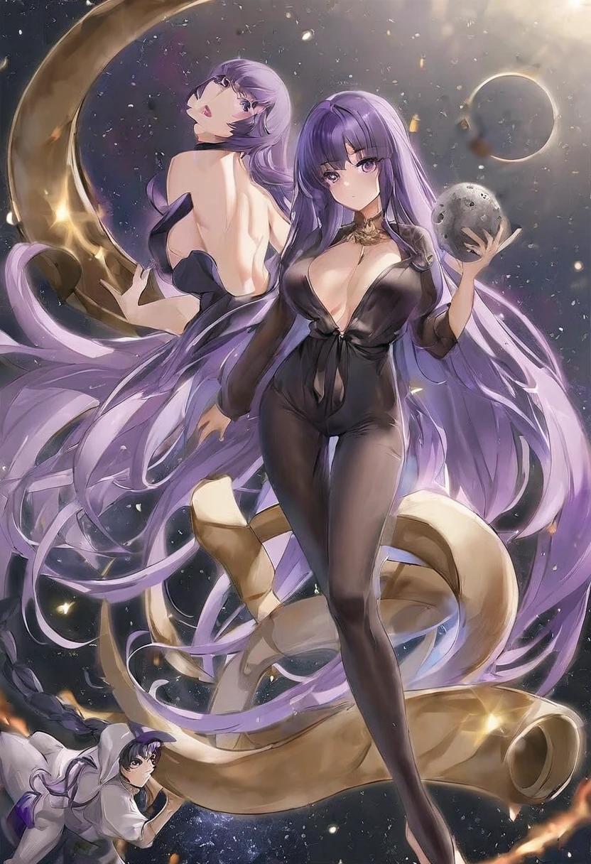 Athena，Extra long purple hair，Purple Eyes，Wearing black silk，Purple jumpsuit，Black one-piece dress，But the jumpsuit is sexy，barefoot，A black hole in the universe，Purple and black black hole please，This time the drawing is better and the proportions of the characters are more normal.，Better posture