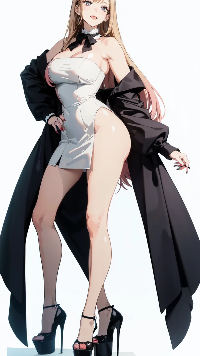 ((masterpiece, high resolution, better quality, better details)), ((Marin Kitagawa)), ((Smiling)), ((one girl)) a girl modeling standing, mini skirt, blouse, ((big neckline)), ((platform high heels)), pink eyes with black outline, (light blonde hair, straight hair, straight bangs, long hair)), long nails, pink nails, (((curvy body))), shiny skin, ((side view)), solo, bare shoulders, full body, focus full body, high heels, ((White background)),