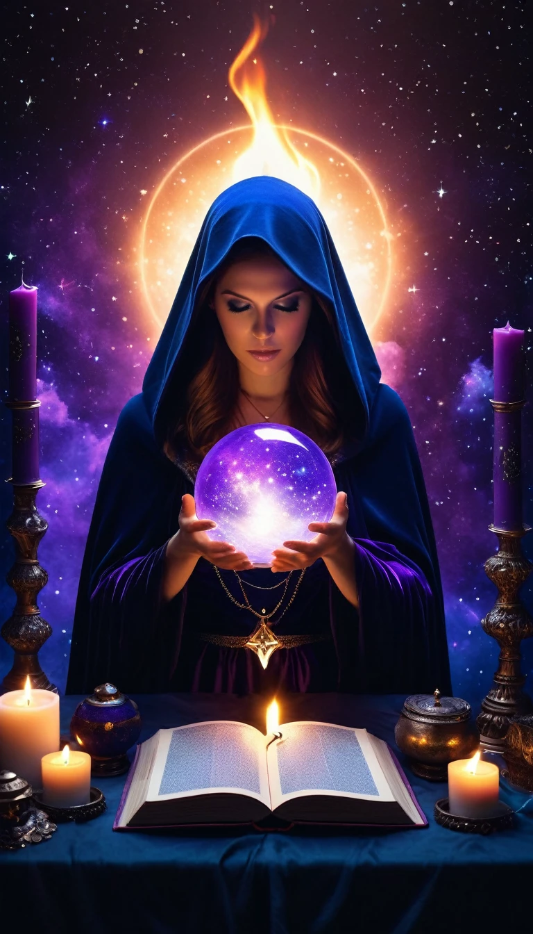 a mysterious fortune teller in a dark room, silver and deep blue tones, purple and black style, occult, occultism, dark cloak, western medieval, starry sky, astrology, magical items, tarot, shadow, symbols, divination, computation, silhouette, soul, exotic, arcane, nebula, stars, book/open book/spell book, candles, crystal ball, magic, flame smoke, mars, ashes, best quality,4k,8k,highres,masterpiece:1.2,ultra-detailed,realistic,photorealistic,photo-realistic:1.37,HDR,UHD,studio lighting,ultra-fine painting,sharp focus,physically-based rendering,extreme detail description,professional,vivid colors,bokeh