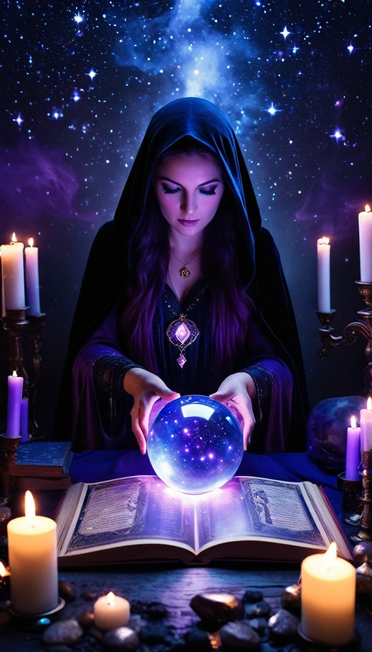 a mysterious fortune teller in a dark room, silver and deep blue tones, purple and black style, occult, occultism, dark cloak, western medieval, starry sky, astrology, magical items, tarot, shadow, symbols, divination, computation, silhouette, soul, exotic, arcane, nebula, stars, book/open book/spell book, candles, crystal ball, magic, flame smoke, mars, ashes, best quality,4k,8k,highres,masterpiece:1.2,ultra-detailed,realistic,photorealistic,photo-realistic:1.37,HDR,UHD,studio lighting,ultra-fine painting,sharp focus,physically-based rendering,extreme detail description,professional,vivid colors,bokeh