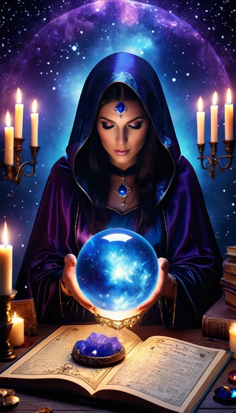a mysterious fortune teller in a dark room, silver and deep blue tones, purple and black style, occult, occultism, dark cloak, western medieval, starry sky, astrology, magical items, tarot, shadow, symbols, divination, computation, silhouette, soul, exotic, arcane, nebula, stars, book/open book/spell book, candles, crystal ball, magic, flame smoke, mars, ashes, best quality,4k,8k,highres,masterpiece:1.2,ultra-detailed,realistic,photorealistic,photo-realistic:1.37,HDR,UHD,studio lighting,ultra-fine painting,sharp focus,physically-based rendering,extreme detail description,professional,vivid colors,bokeh