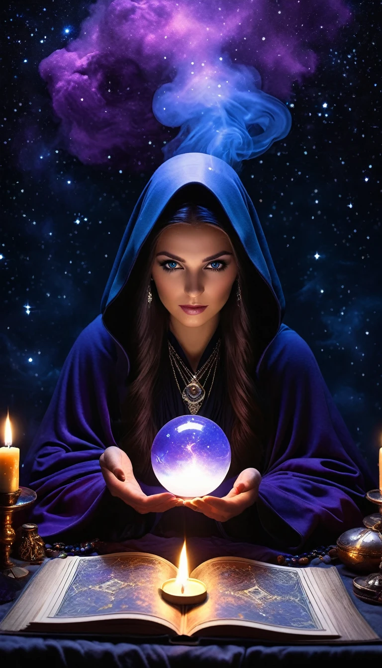 a mysterious fortune teller in a dark room, silver and deep blue tones, purple and black style, occult, occultism, dark cloak, western medieval, starry sky, astrology, magical items, tarot, shadow, symbols, divination, computation, silhouette, soul, exotic, arcane, nebula, stars, book/open book/spell book, candles, crystal ball, magic, flame smoke, mars, ashes, best quality,4k,8k,highres,masterpiece:1.2,ultra-detailed,realistic,photorealistic,photo-realistic:1.37,HDR,UHD,studio lighting,ultra-fine painting,sharp focus,physically-based rendering,extreme detail description,professional,vivid colors,bokeh