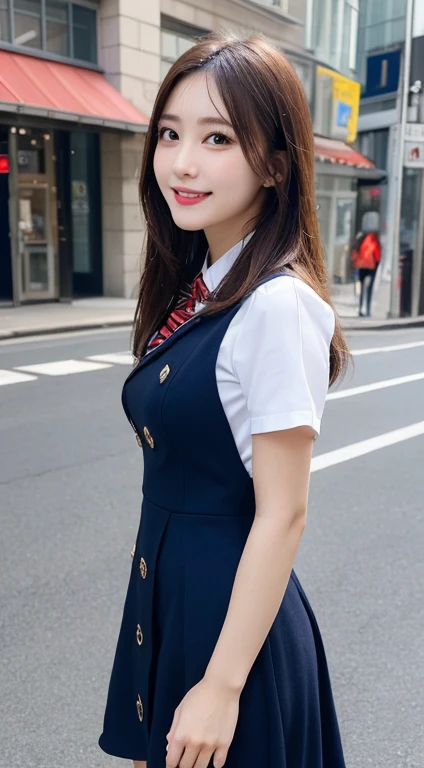 uniform, Highest quality, Super detailed, In detail, High resolution, 8k wallpaper, Perfect dynamic composition, Beautiful attention to detail, dress,Medium Hair, Big Breasts, Natural color lip, Random sexy poses,smile,Aoyama Street Walk、24-year-old girl