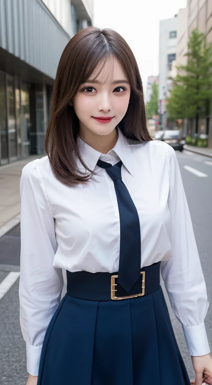 uniform, Highest quality, Super detailed, In detail, High resolution, 8k wallpaper, Perfect dynamic composition, Beautiful attention to detail, dress,Medium Hair, Big Breasts, Natural color lip, Random sexy poses,smile,Aoyama Street Walk、24-year-old girl