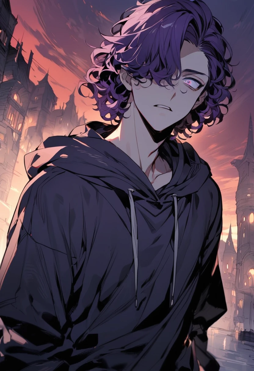 (high-quality, breathtaking),(expressive eyes, perfect face) 1male, male , solo, teenager, short hair length, wavy curly hair, messy hair, Dark de-saturated purple hair, very dark color, curly hair, super short, Silver eye color, mature, haunting twilight background, slightly narrow eyes, hooded jacket, dark purple blue shirt, Fantasy attire, Hair that almost covers eyes