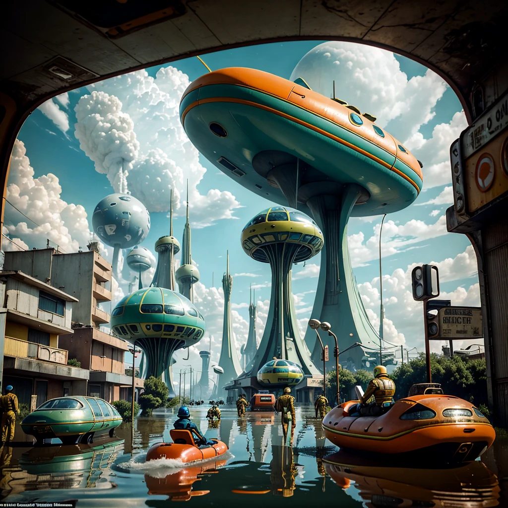 The human world experiences a Nostalgic Dimensional Crack, Atomic Era aesthetics vaporize and inflatable boats cross the flooded devastation while an Alien takes a photo.