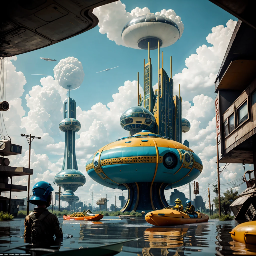 The human world experiences a Nostalgic Dimensional Crack, Atomic Era aesthetics vaporize and inflatable boats cross the flooded devastation while an Alien takes a photo.
