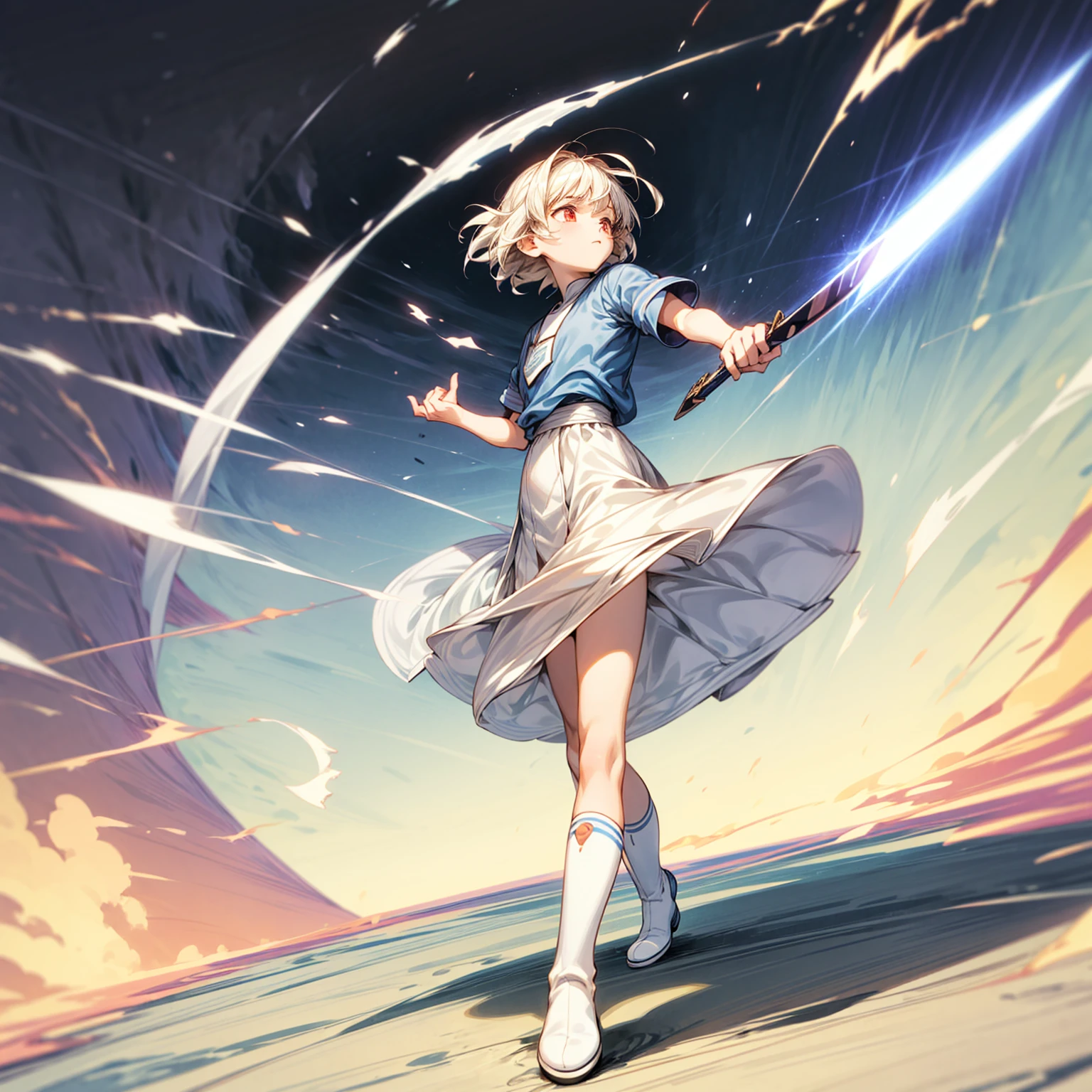 1childern girl, Full body version, 1character, just children version, light red eyes color, short hairstyle, white colour hair, saber style clothing, Long skirt, long socks, long boots, knife in hand, full background, Grassroots background in village, motion blur, shadow, standing gesture, (captain Tsubasa style art)