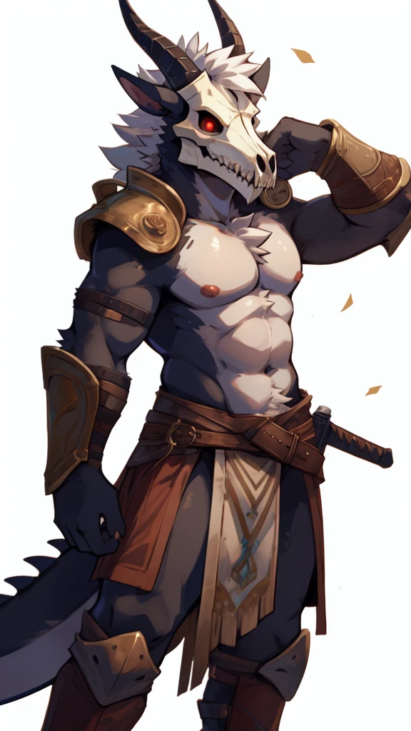 solo, goat horns, black dragon, black scalie, fully black body, black chest, goat skull mask, goat skull, skull mask, red eyes, white hair, white chest qnd big chest tuft, 1 boy, (pose:1.3), (posing:1.3), 4k, hi res, detailed face, 1boy, no nipples, adventurer outfit, brown belt, loincloth, sword on waist, uploaded to e621, topless, shirtless, by zackary911, by haps, by kattalu, by jarlium,by zex, white background, armor, barbarian armor,d