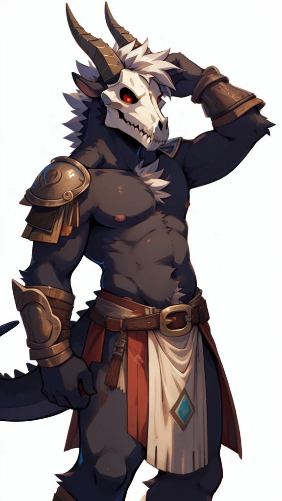 solo, goat horns, black dragon, black scalie, fully black body, black chest, goat skull mask, goat skull, skull mask, red eyes, white hair, white chest qnd big chest tuft, 1 boy, (pose:1.3), (posing:1.3), 4k, hi res, detailed face, 1boy, no nipples, adventurer outfit, brown belt, loincloth, sword on waist, uploaded to e621, topless, shirtless, by zackary911, by haps, by kattalu, by jarlium,by zex, white background, armor, barbarian armor,d