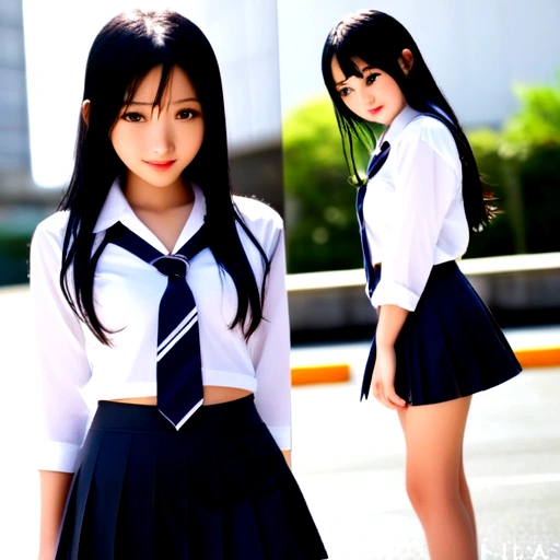 ((Nipples visible through a wet white shirt))、No underwear、Full body view、Long straight black hair、high school student、uniform、sexy、No bra、mini skirt、Japanese、17 years old、