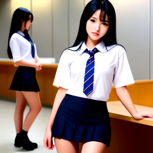 ((Nipples visible through a wet white shirt))、No underwear、Full body view、Long straight black hair、high school student、uniform、sexy、No bra、mini skirt、Japanese、17 years old、